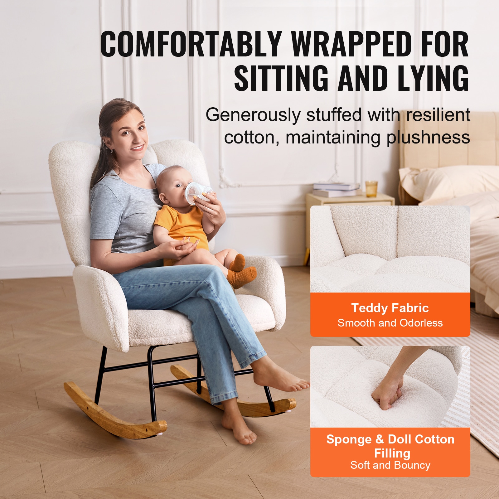 Rocking Chair Nursery, Glider Rocking Chair With Soft Seat And High Backrest, 250 Lbs Weight Capacity Teddy Fabric, Upholstered Glider Rocker Chair For Nursery, Bedroom, Living Room, Ivory White_maomaolike.com